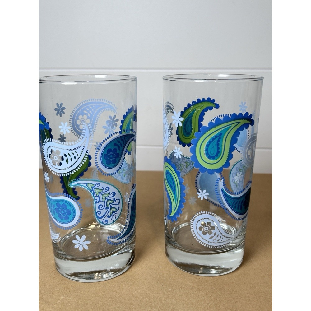 Libbey CRISA Blue Paisley 16oz Glass Tumblers (Set of 2) Vintage